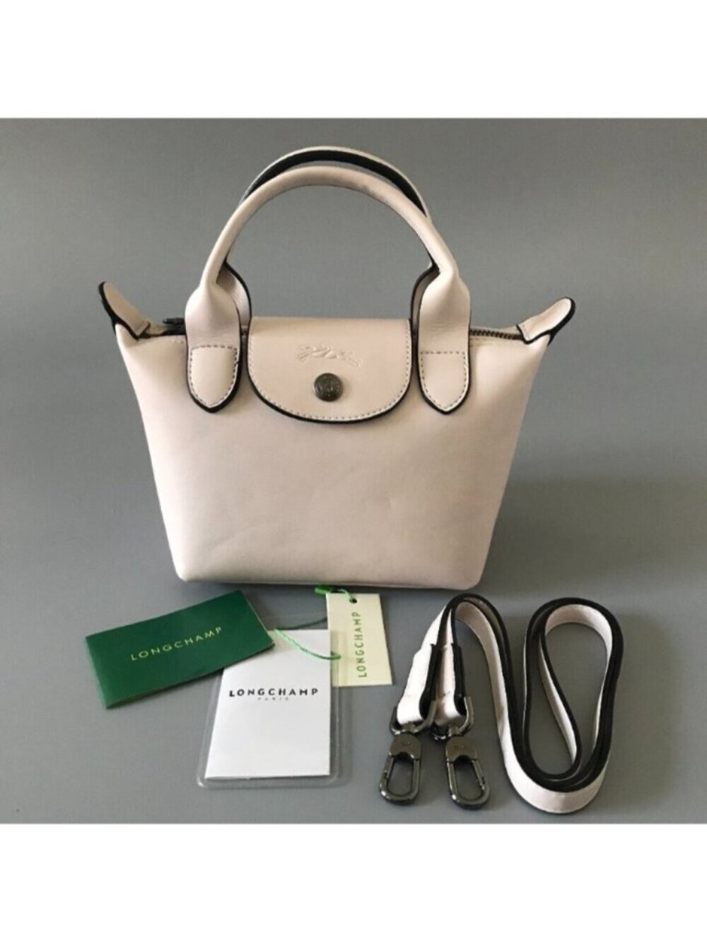 Longchamp Women's White Mini Le Pliage Leather Top Handle Bag Purse Crossbody